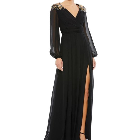 Mac Duggal Dresses & Skirts - Ieena Mac Duggal Black Embellished Puff Sleeve Chiffon Gown